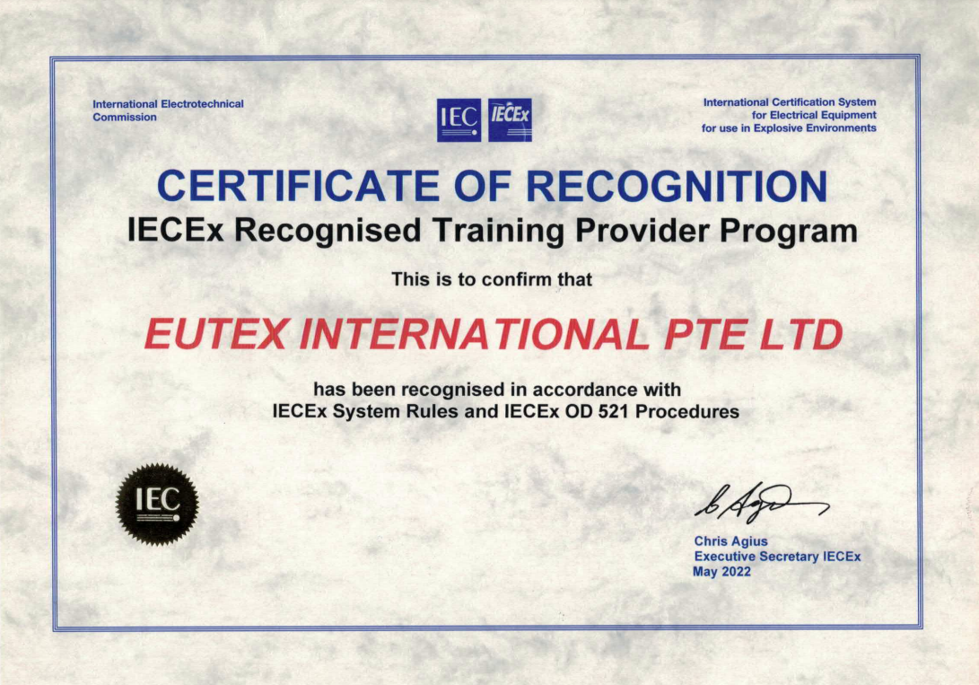 Certificate of IECEx recognized training provider